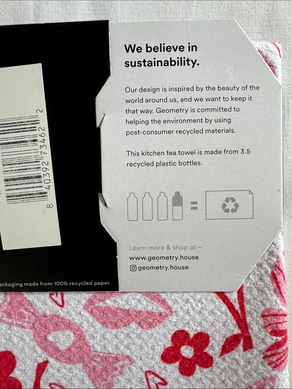 Tea Towel NWT, Pink & Red, Berries & Bows, Great for Gift, Sustainable/Recycled